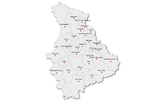 Karte der DRK-Kreisverbände im Landesverband Nordrhein